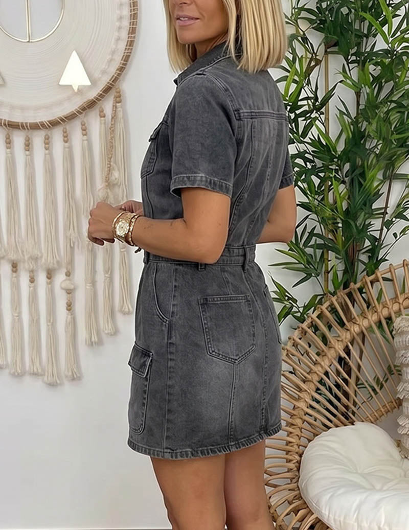 Ekouaer Denim Mini Dress Short Sleeve Button-Down Shirt Dress with Cargo Pockets - Grey