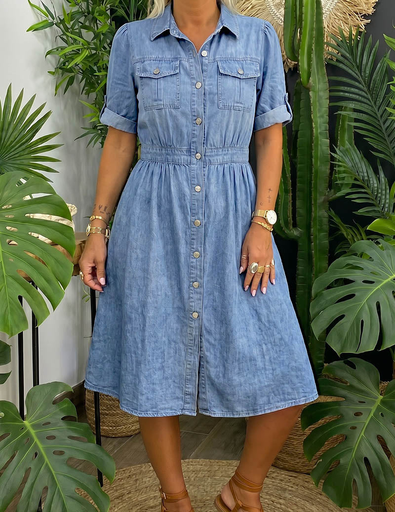 Ekouaer Denim Midi Dress Button-Down Short Sleeve Flared A-Line Shirt Dress