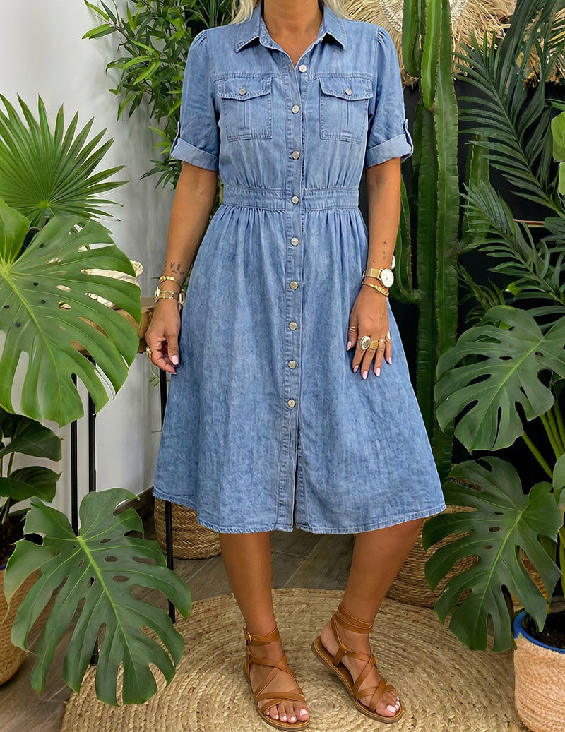 Ekouaer Denim Midi Dress Button-Down Short Sleeve Flared A-Line Shirt Dress - Blue