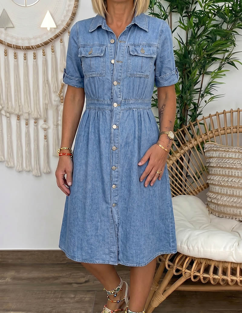 Ekouaer Denim Midi Dress Button-Down Short Sleeve Flared A-Line Shirt Dress - Blue