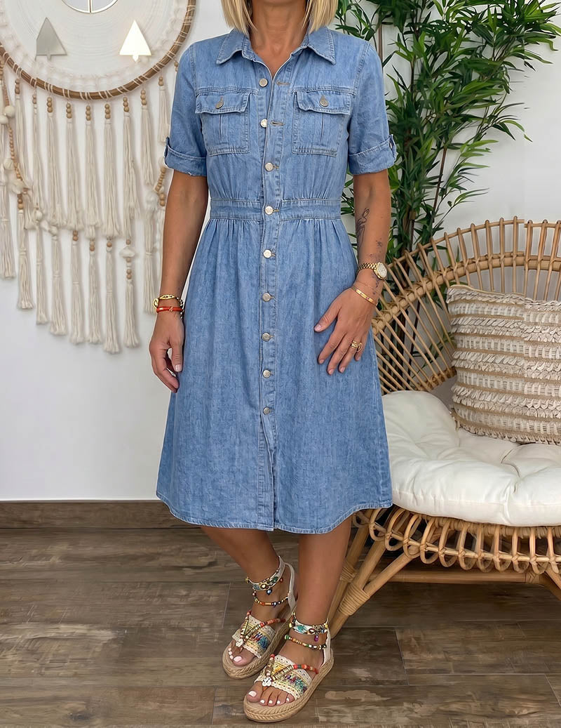 Ekouaer Denim Midi Dress Button-Down Short Sleeve Flared A-Line Shirt Dress - Blue