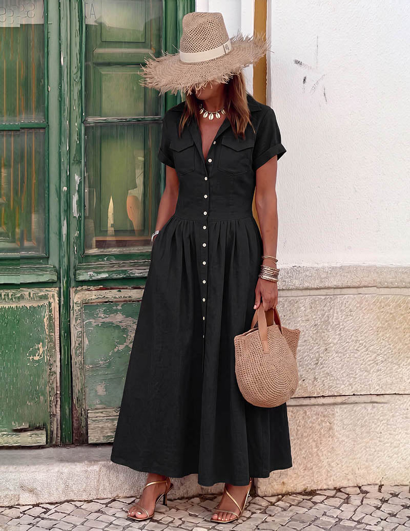 Ekouaer Maxi Shirt Dress Short Sleeve Button-Down Flared Hem with Pockets - Black