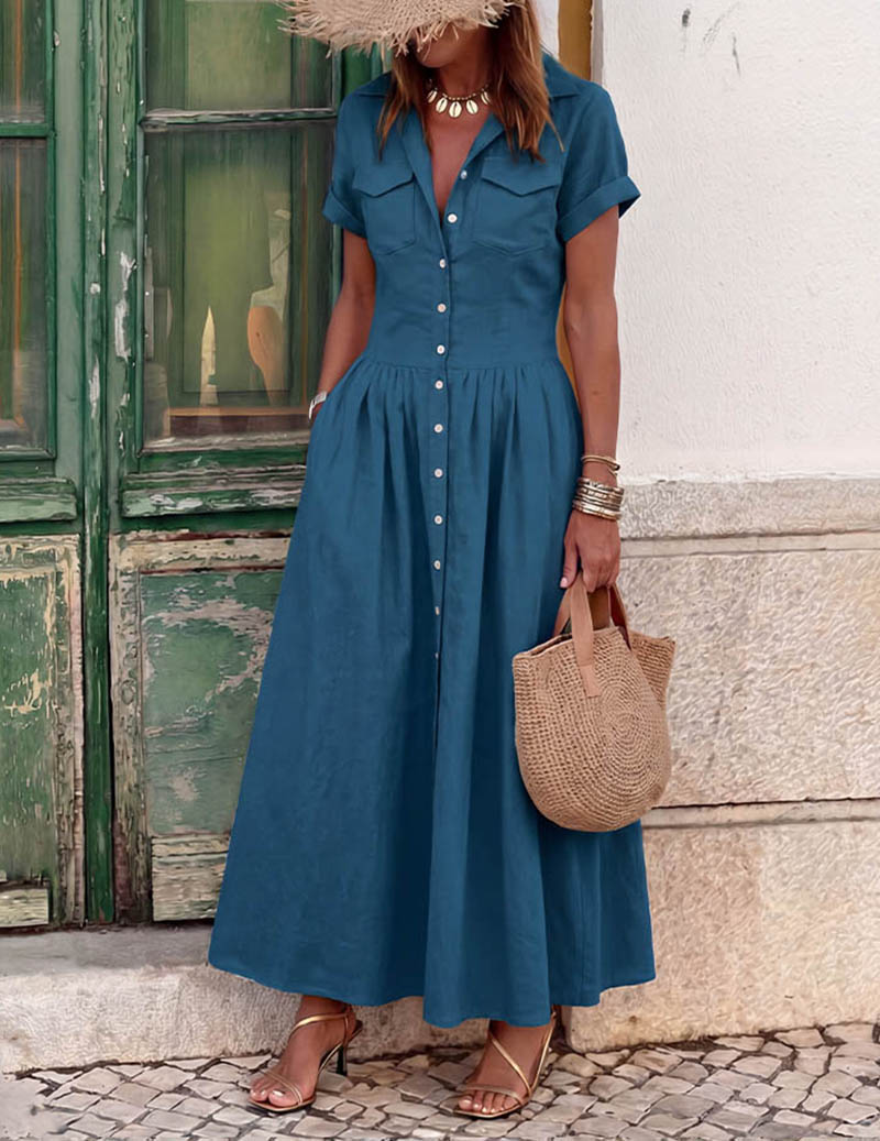 Ekouaer Maxi Shirt Dress Short Sleeve Button-Down Flared Hem with Pockets - Blue