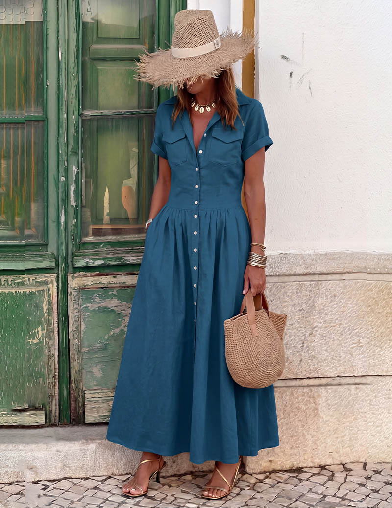 Ekouaer Maxi Shirt Dress Short Sleeve Button-Down Flared Hem with Pockets - Blue