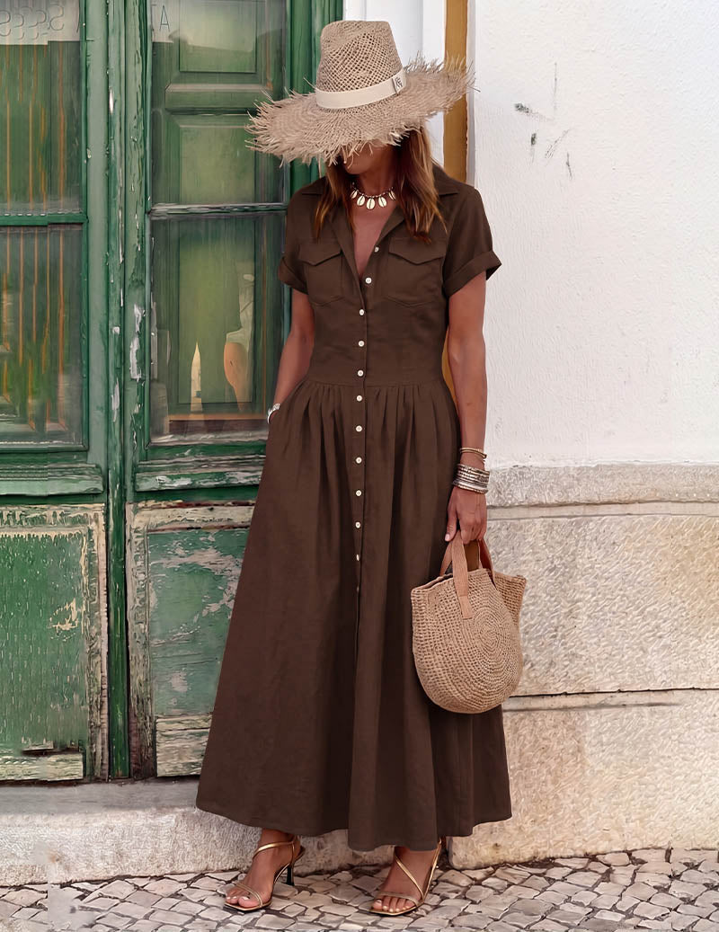 Ekouaer Maxi Shirt Dress Short Sleeve Button-Down Flared Hem with Pockets - Dark Brown