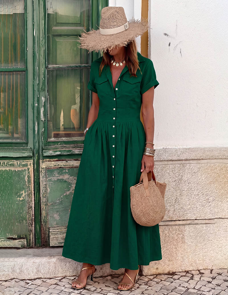 Ekouaer Maxi Shirt Dress Short Sleeve Button-Down Flared Hem with Pockets - Dark Green