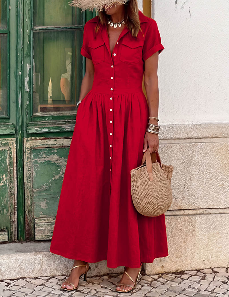 Ekouaer Maxi Shirt Dress Short Sleeve Button-Down Flared Hem with Pockets - Red