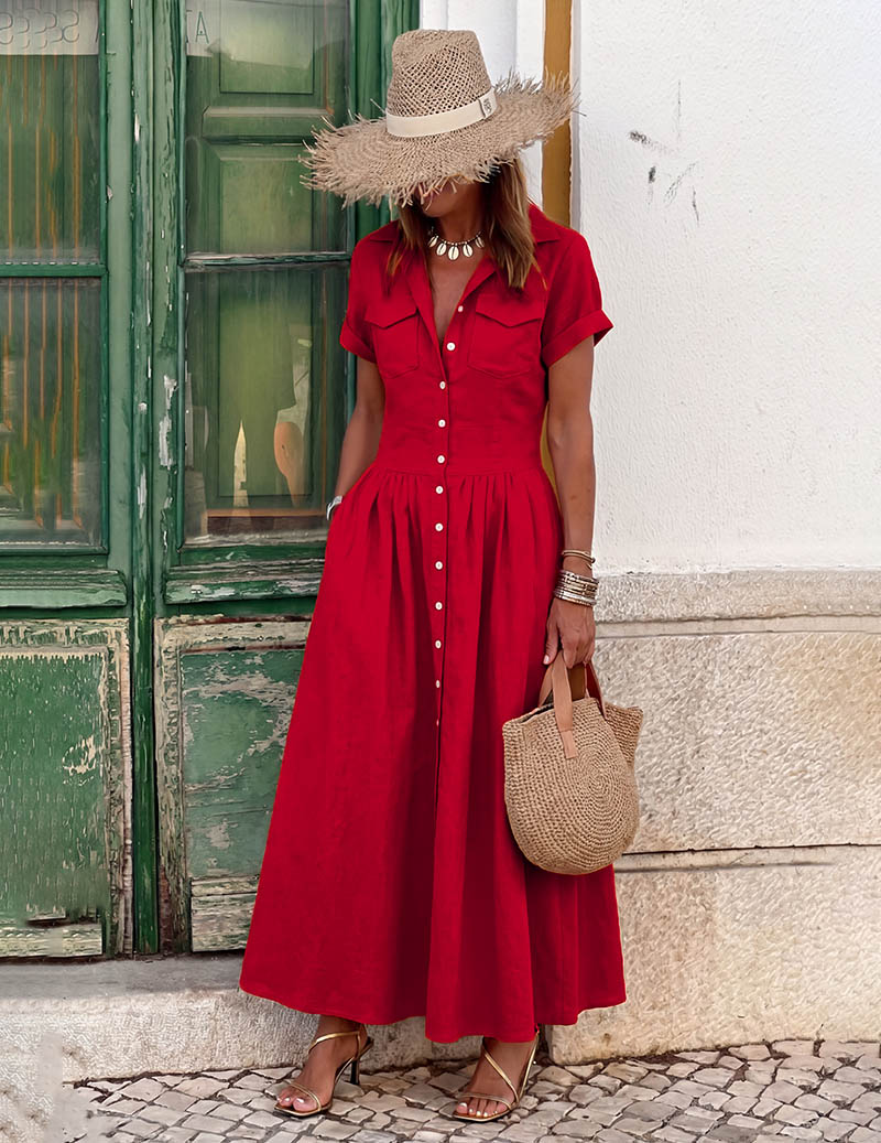 Ekouaer Maxi Shirt Dress Short Sleeve Button-Down Flared Hem with Pockets - Red