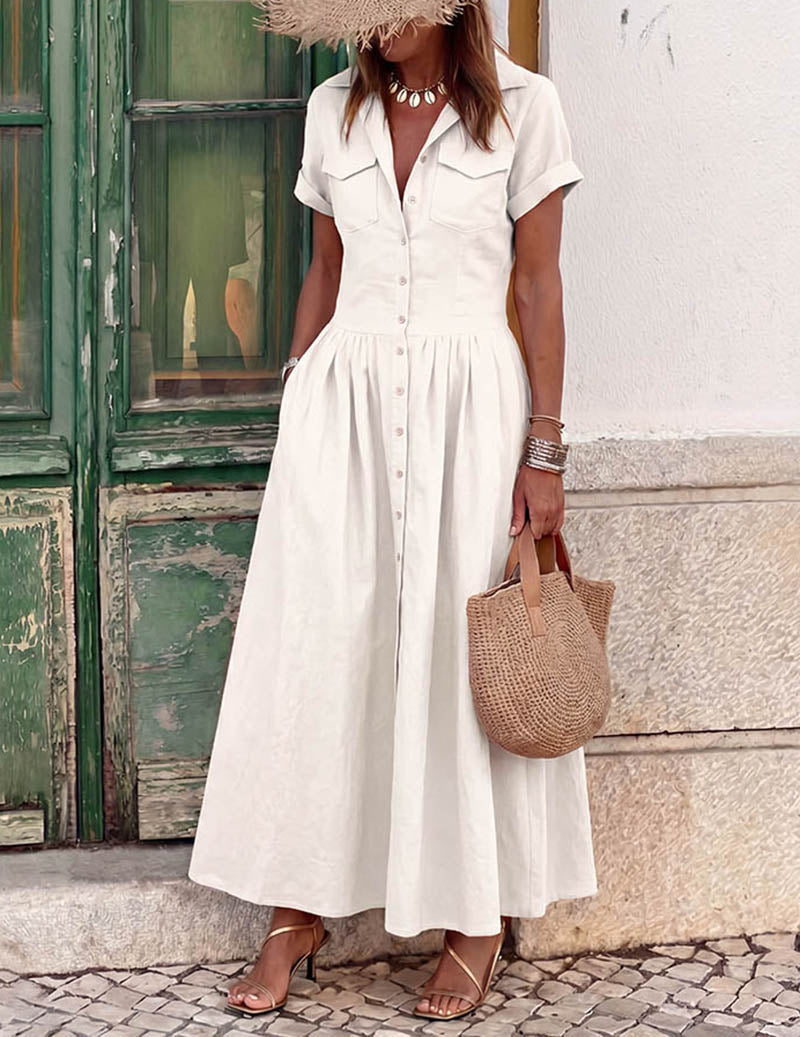 Ekouaer Maxi Shirt Dress Short Sleeve Button-Down Flared Hem with Pockets - White