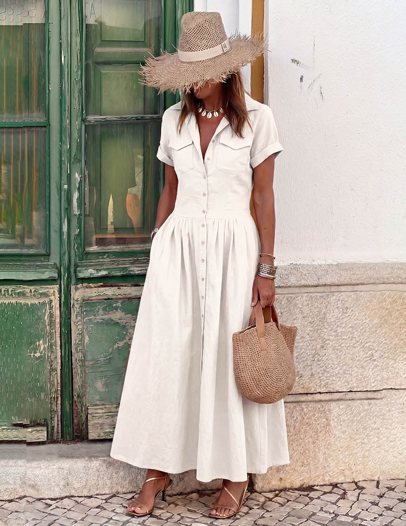Ekouaer Maxi Shirt Dress Short Sleeve Button-Down Flared Hem with Pockets - White