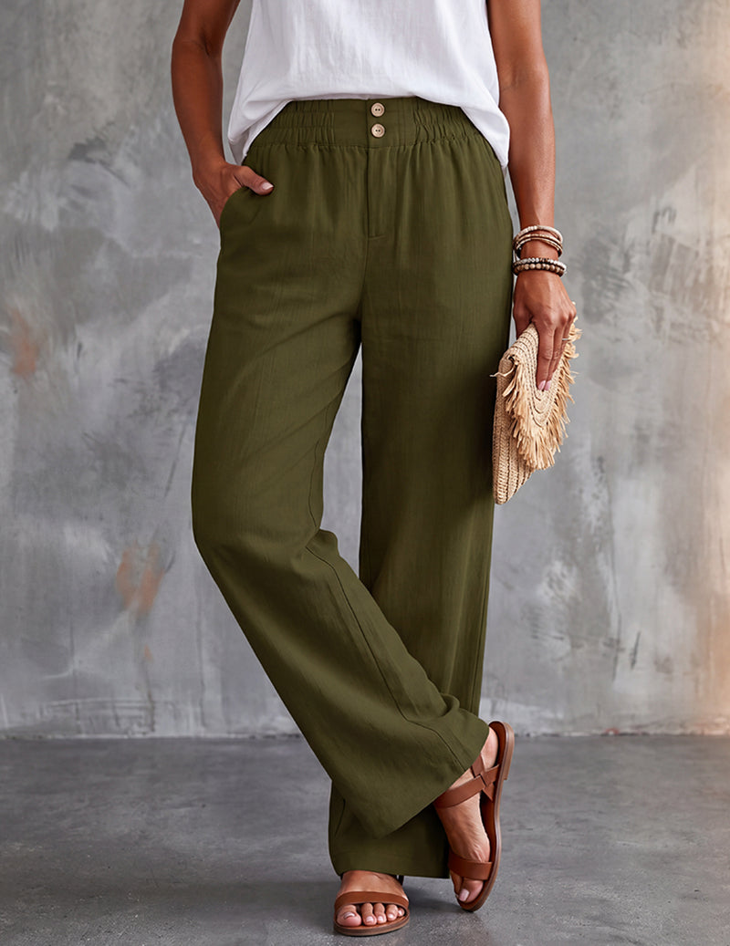 Women's army green lounge pants with wide-leg fit, elastic drawstring waist, button front.