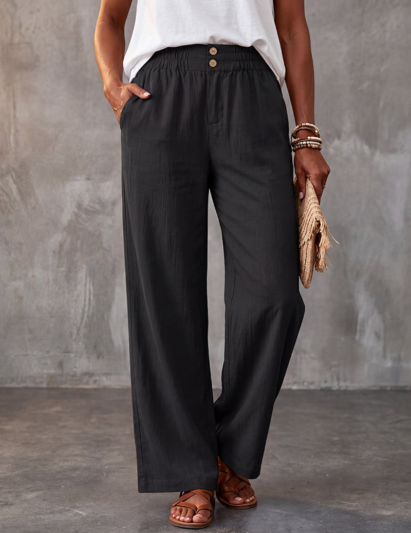 Women's black lounge pants with wide-leg fit, elastic drawstring waist, button front.