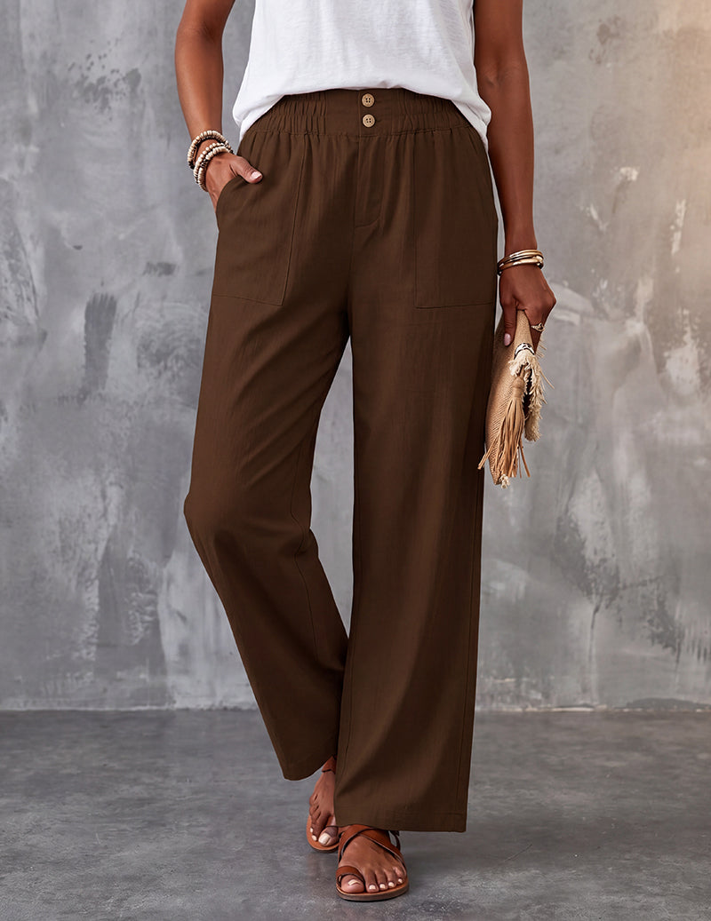 Women's coffee-brown lounge pants with wide-leg fit, elastic drawstring waist, button front.