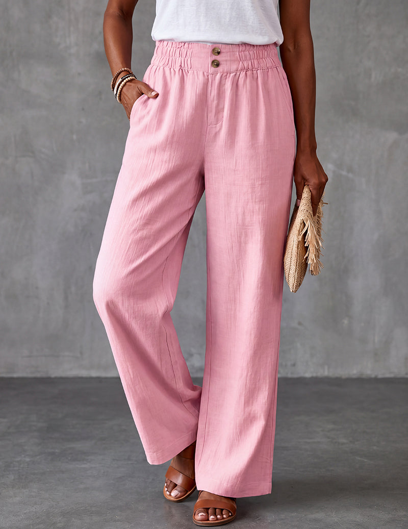Women's pink lounge pants with wide-leg fit, elastic drawstring waist, button front.