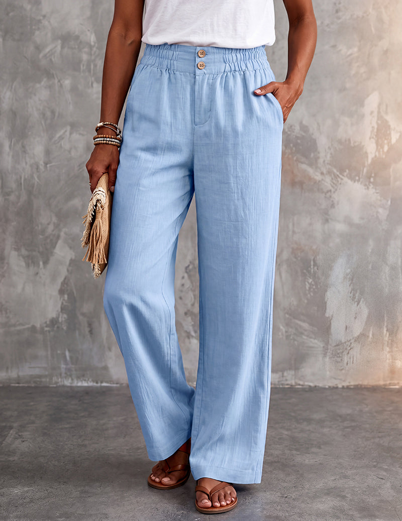 Women's light blue lounge pants with wide-leg fit, elastic drawstring waist, button front.