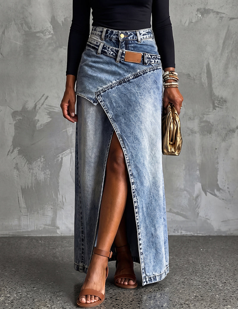 Light blue denim midi skirt with angled front slit, pockets, button fly, and belt loops