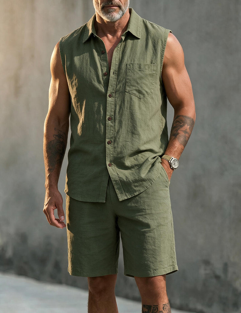 Men's Linen Blend Short Sleeve Shirt and Shorts Set