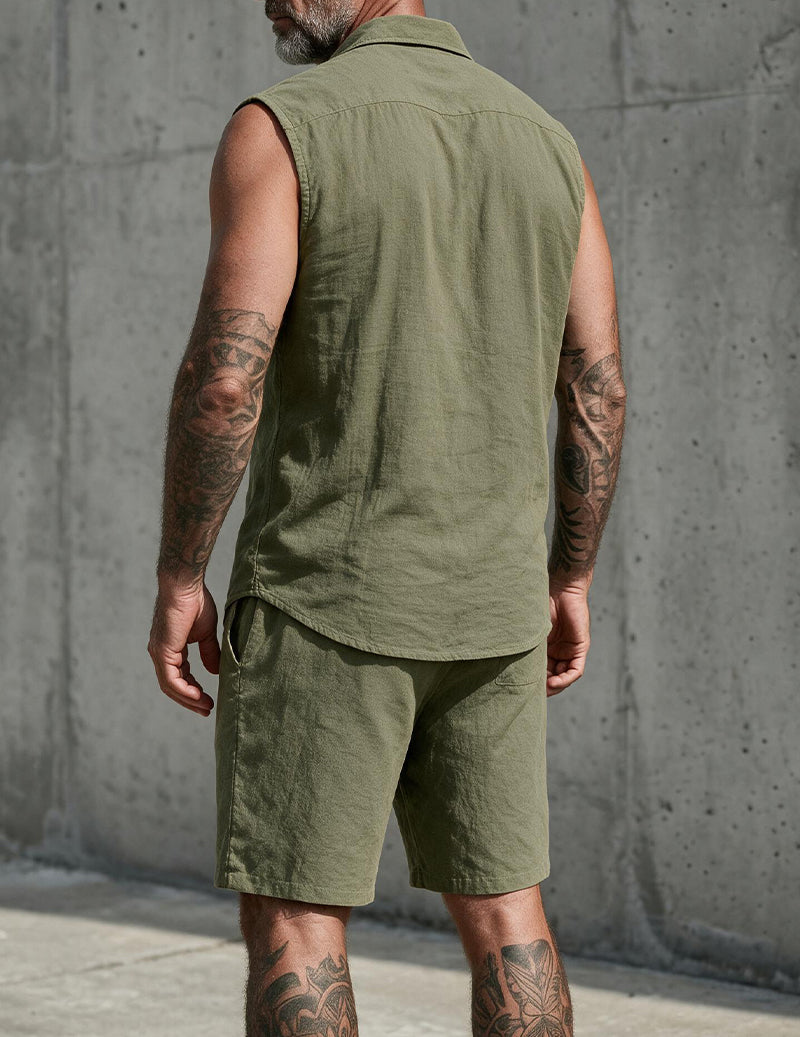Men's Linen Blend Short Sleeve Shirt and Shorts Set