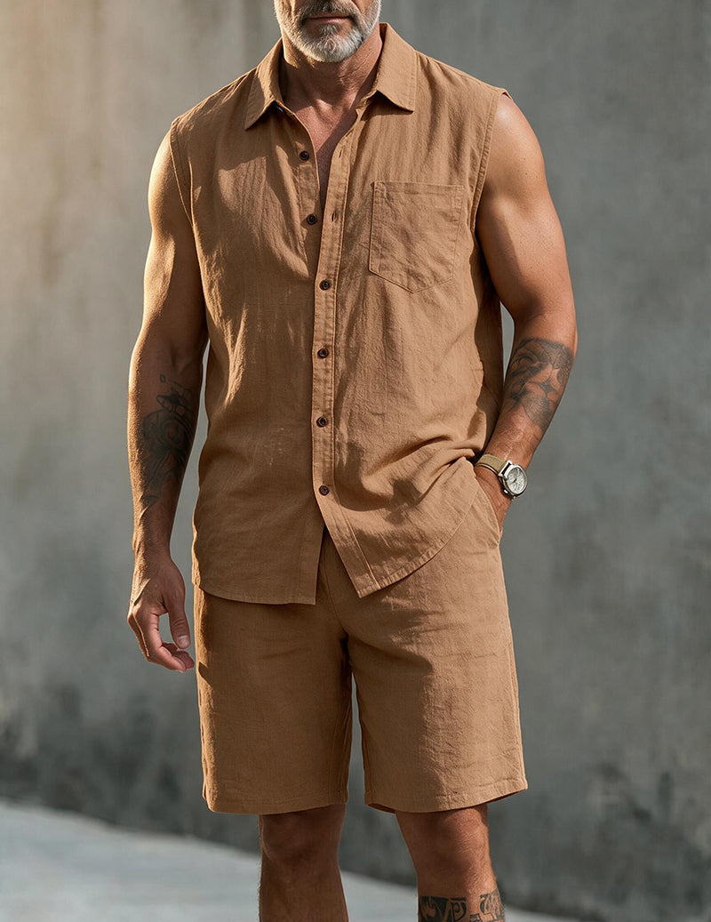 Men's Linen Blend Short Sleeve Shirt and Shorts Set