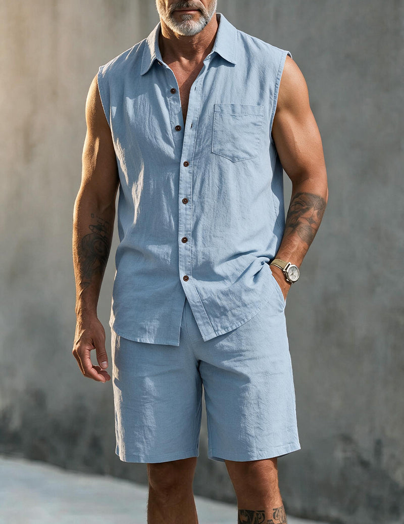 Men's Linen Blend Short Sleeve Shirt and Shorts Set