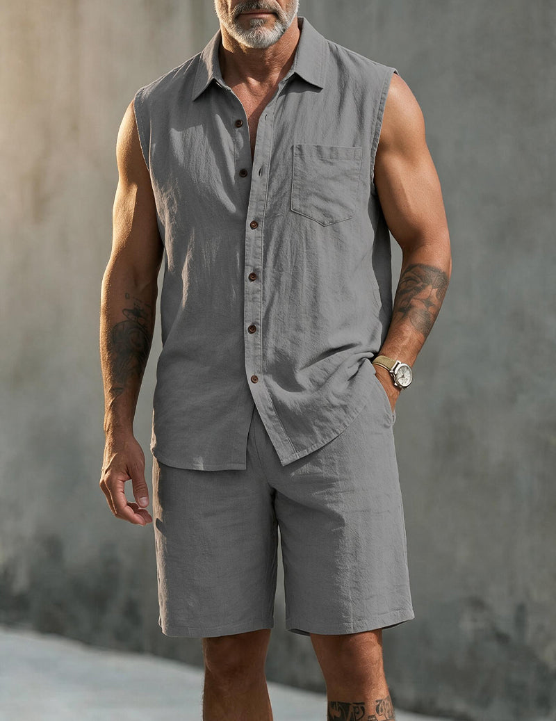 Men's Linen Blend Short Sleeve Shirt and Shorts Set