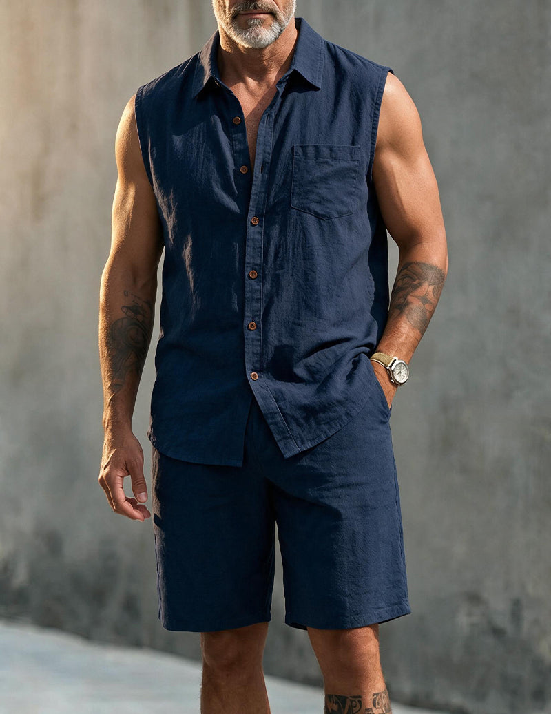 Men's Linen Blend Short Sleeve Shirt and Shorts Set