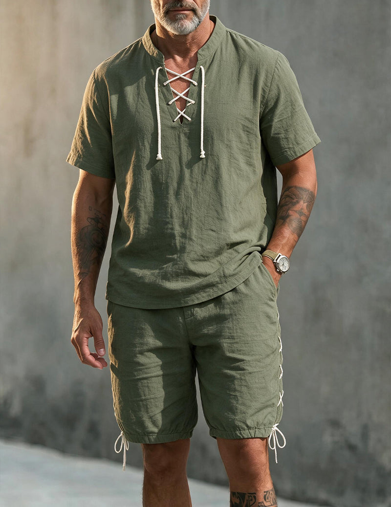 Men's Linen Blend Short Sleeve Shirt and Shorts Set