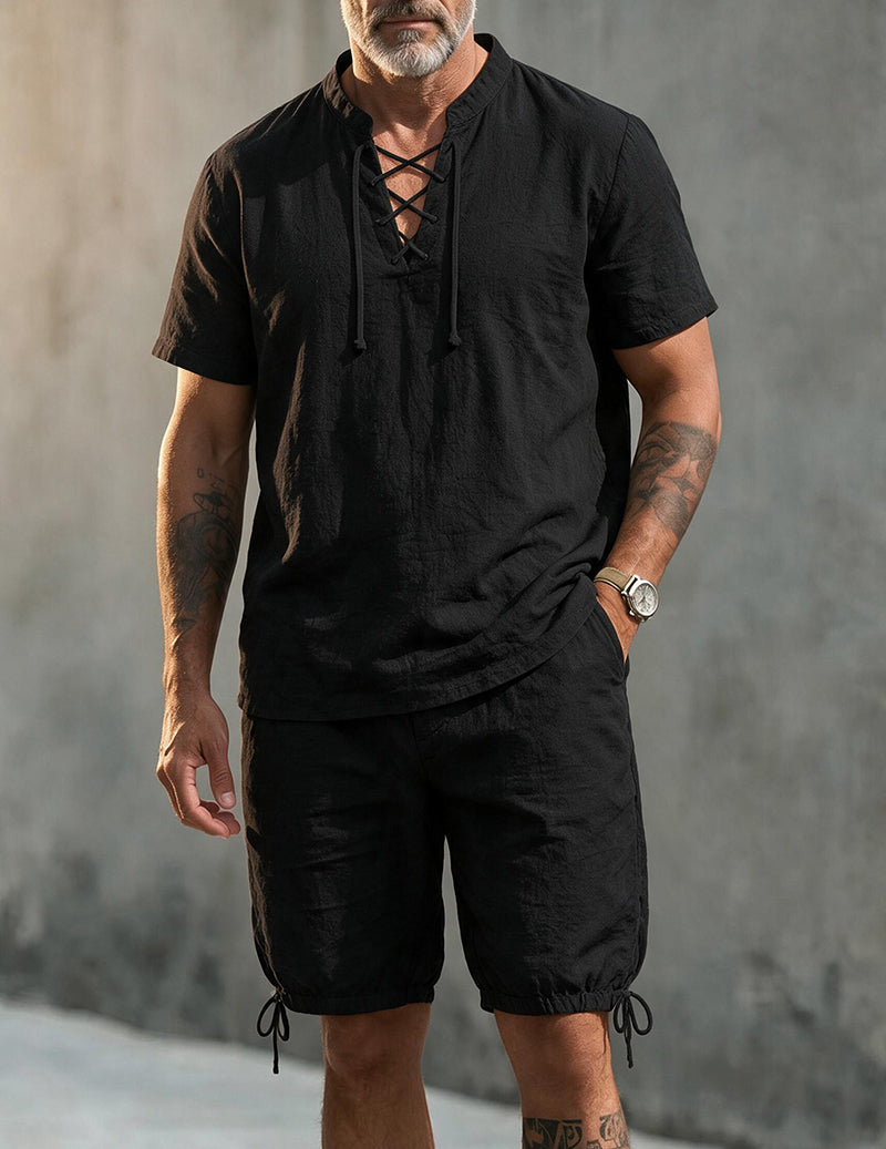 Men's Linen Blend Short Sleeve Shirt and Shorts Set