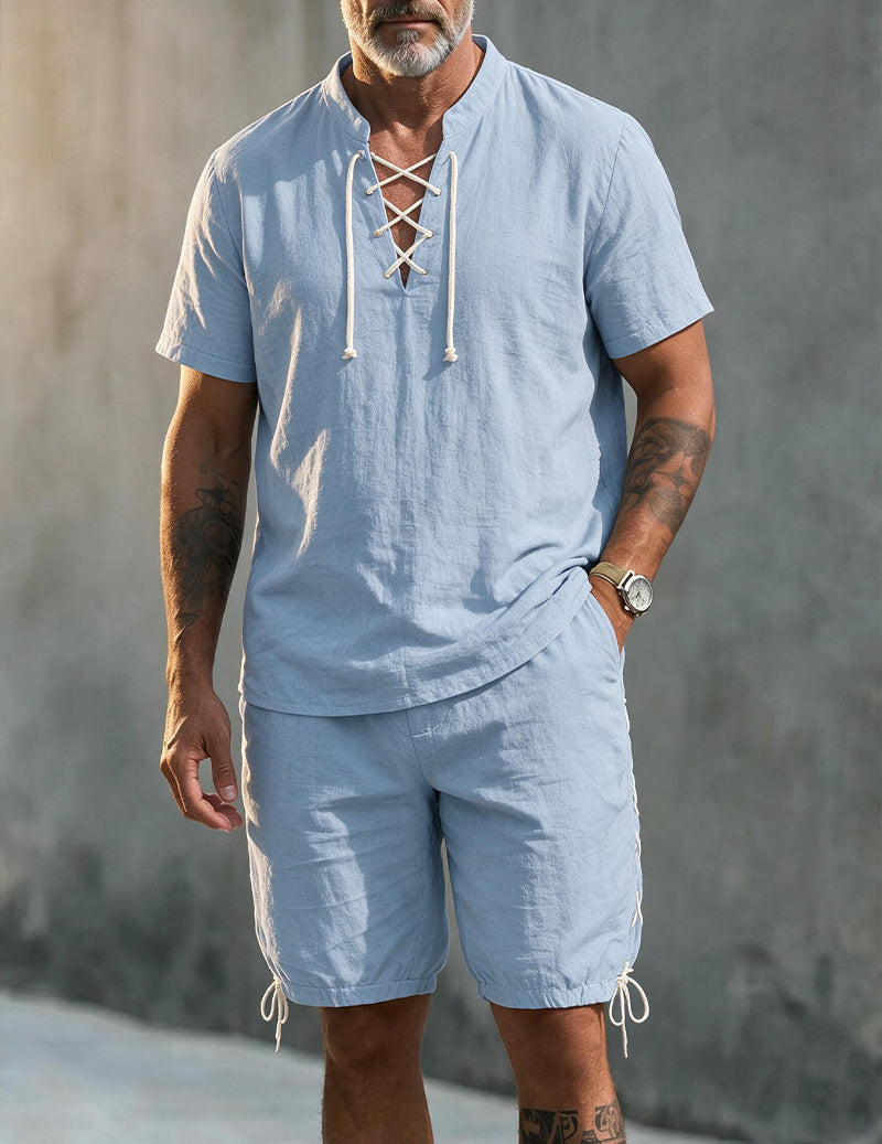 Men's Linen Blend Short Sleeve Shirt and Shorts Set