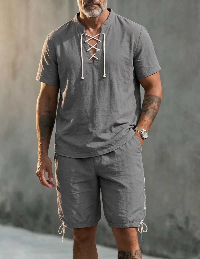 Men's Linen Blend Short Sleeve Shirt and Shorts Set