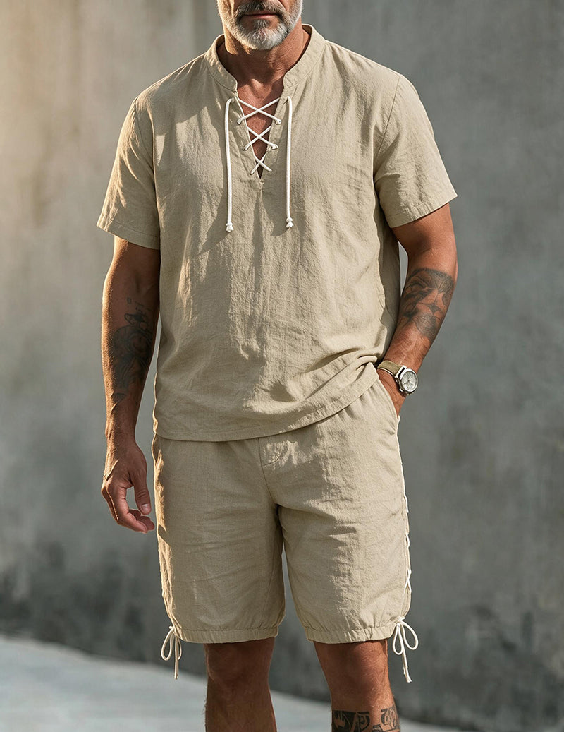 Men's Linen Blend Short Sleeve Shirt and Shorts Set