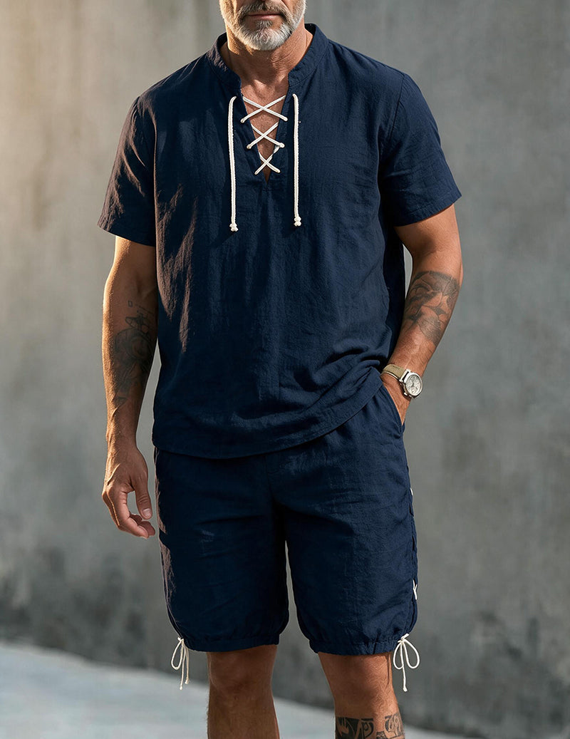 Men's Linen Blend Short Sleeve Shirt and Shorts Set
