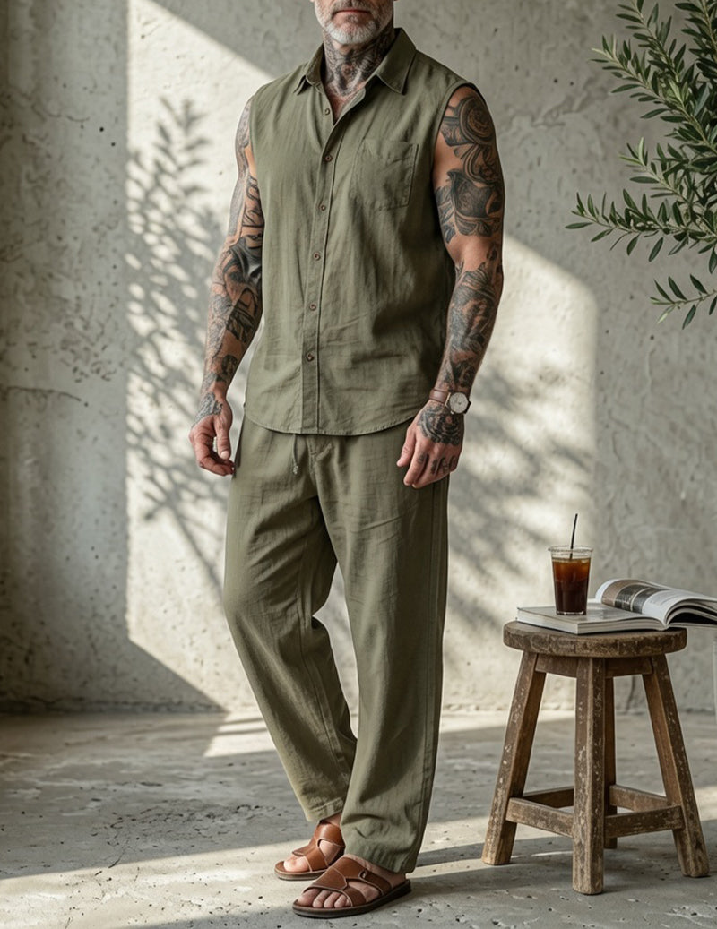 Men's Linen Blend Short Sleeve Shirt and Pants Set