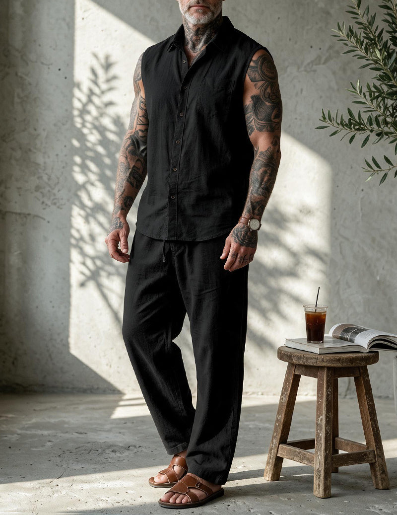 Men's Linen Blend Short Sleeve Shirt and Pants Set