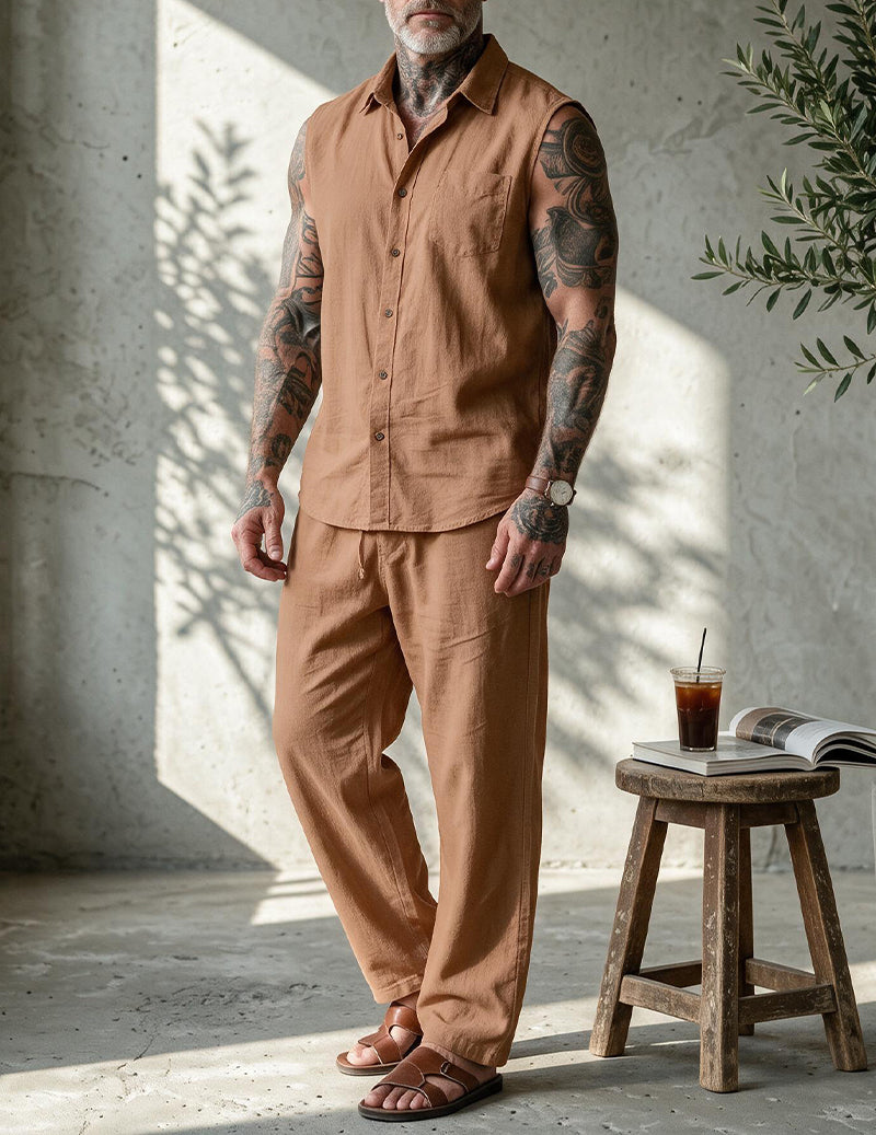 Men's Linen Blend Short Sleeve Shirt and Pants Set