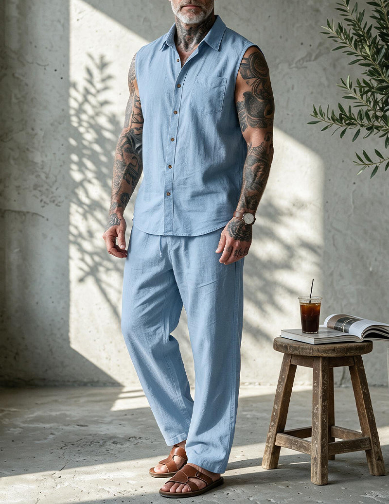 Men's Linen Blend Short Sleeve Shirt and Pants Set