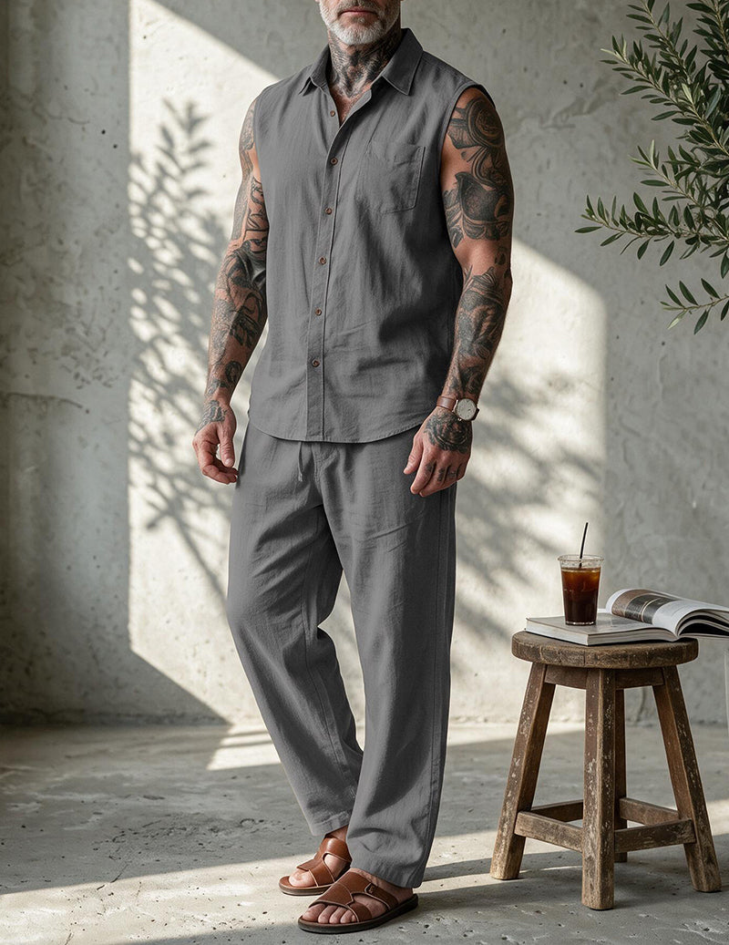 Men's Linen Blend Short Sleeve Shirt and Pants Set