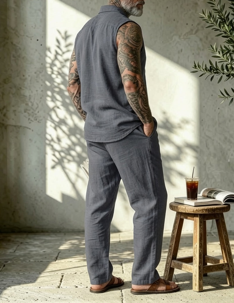 Men's Linen Blend Short Sleeve Shirt and Pants Set
