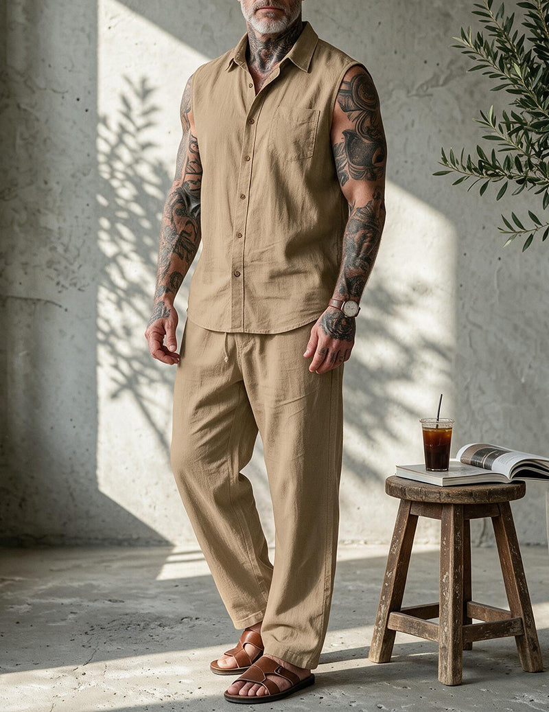Men's Linen Blend Short Sleeve Shirt and Pants Set