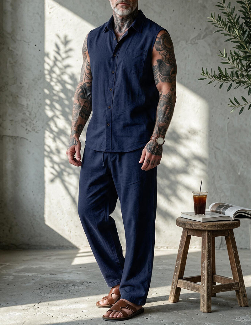 Men's Linen Blend Short Sleeve Shirt and Pants Set