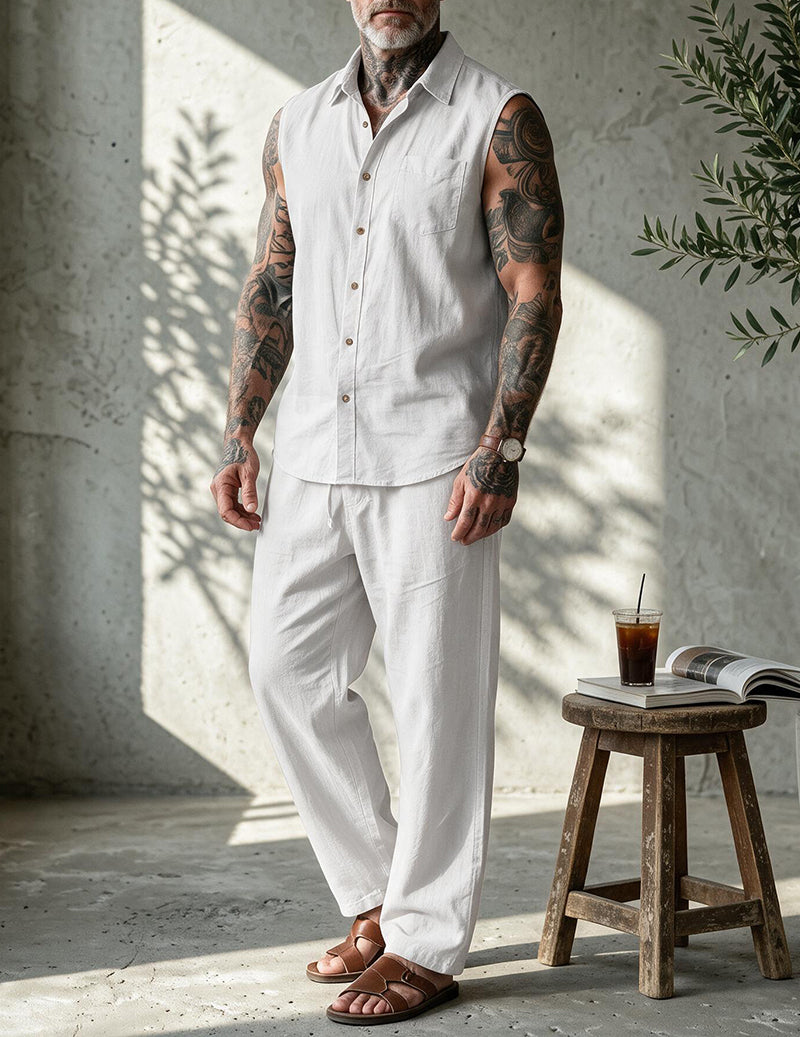 Men's Linen Blend Short Sleeve Shirt and Pants Set