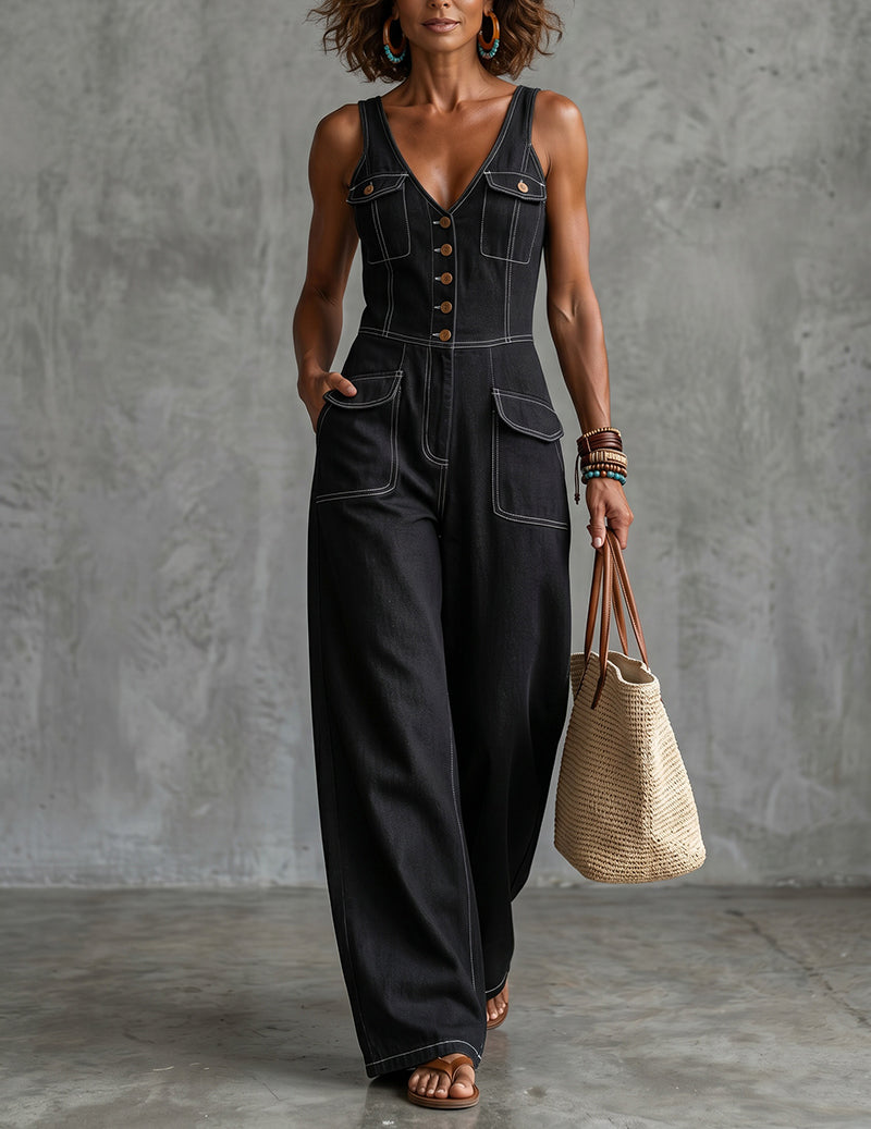 Denim-Style V-Neck Sleeveless Wide-Leg Jumpsuit with Pockets