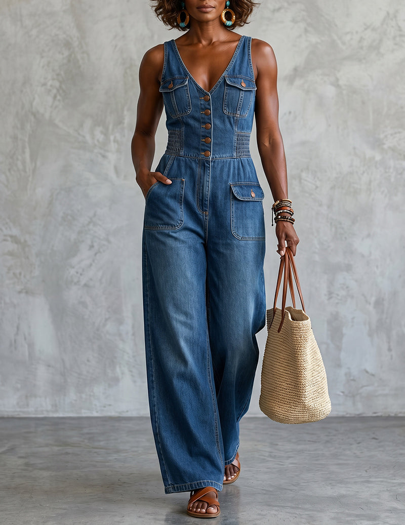 Denim-Style V-Neck Sleeveless Wide-Leg Jumpsuit with Pockets