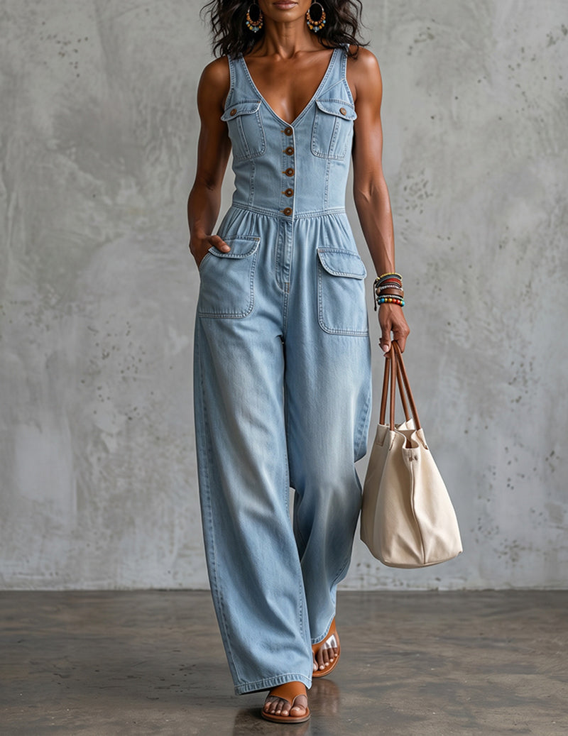 Denim-Style V-Neck Sleeveless Wide-Leg Jumpsuit with Pockets