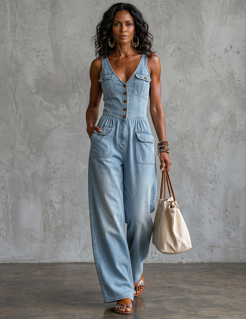 Denim-Style V-Neck Sleeveless Wide-Leg Jumpsuit with Pockets