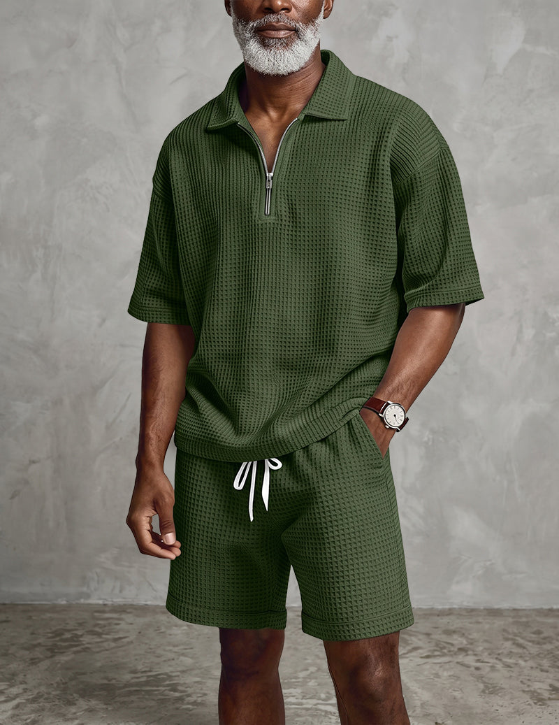 Men's green waffle-knit quarter-zip polo and drawstring shorts set