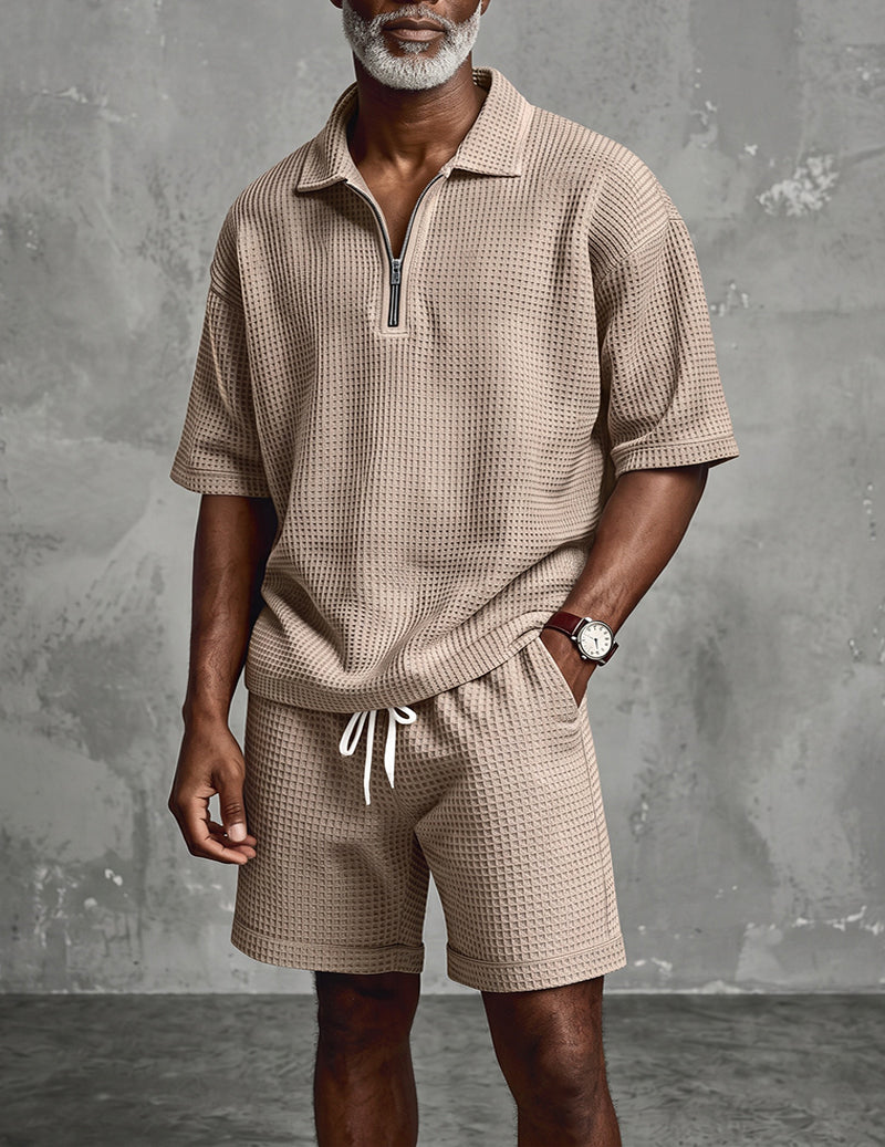 Men's khaki/beige waffle-knit quarter-zip polo and drawstring shorts set
