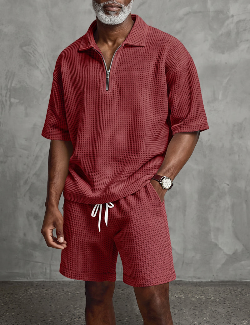 Men's waffle-knit quarter-zip polo and drawstring shorts set, burgundy, short sleeves