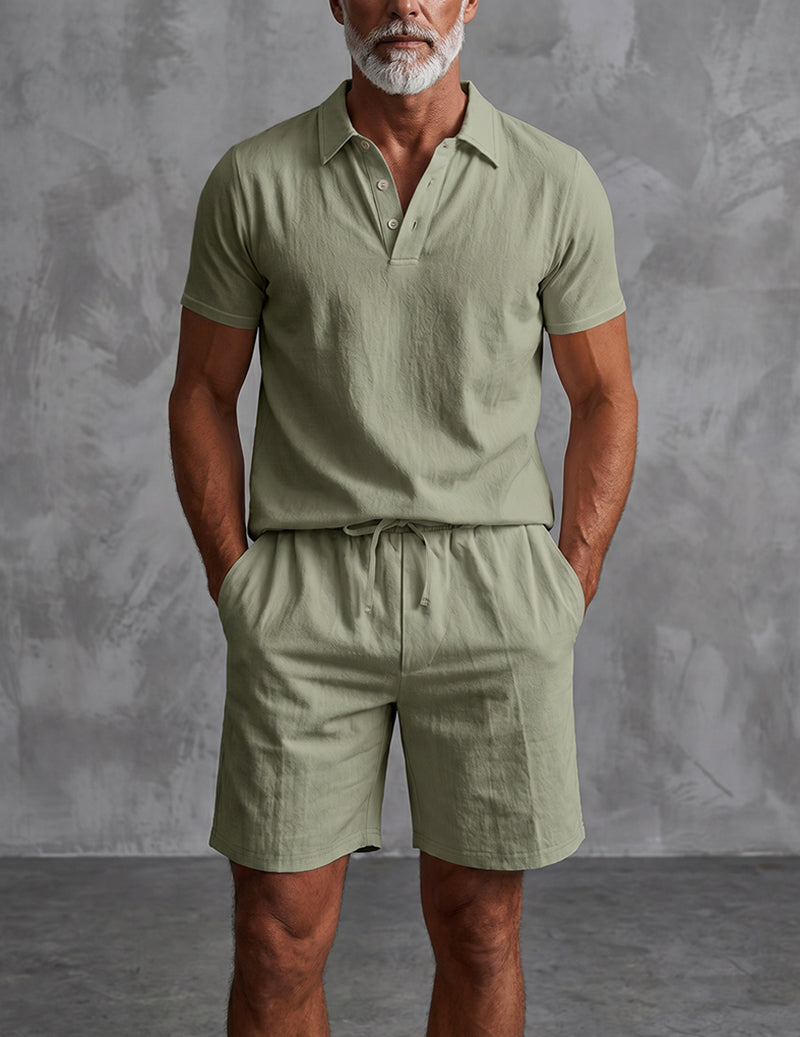 Men’s short-sleeve linen shirt and shorts set in army green with drawstring waist