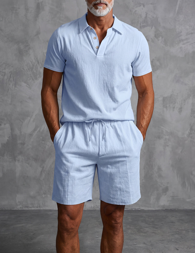Men’s short-sleeve linen shirt and shorts set in light blue with drawstring waist